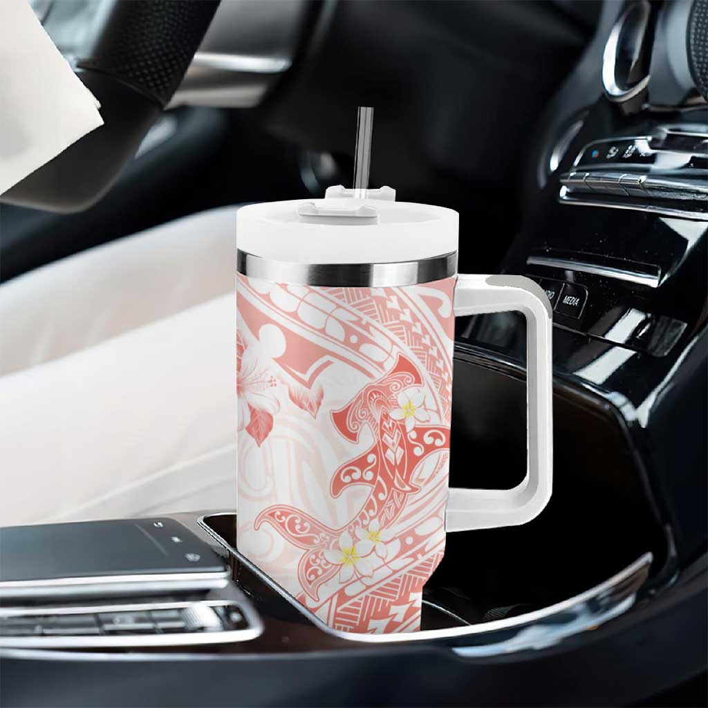 Polynesia Hammerhead Shark Tumbler With Handle Tropical Flowers Tribal Pattern Peach LT05 - Polynesian Pride