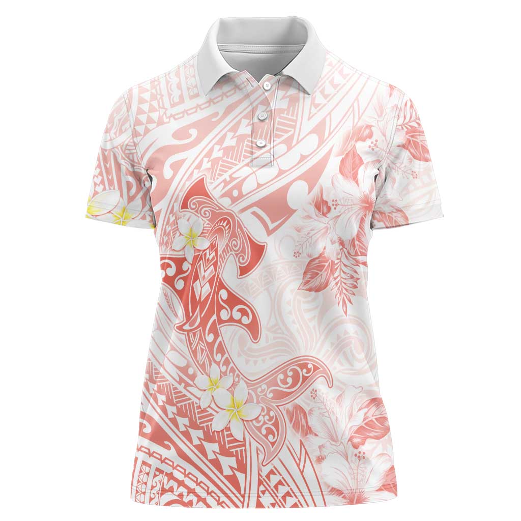 Polynesia Hammerhead Shark Women Polo Shirt Tropical Flowers Tribal Pattern Peach