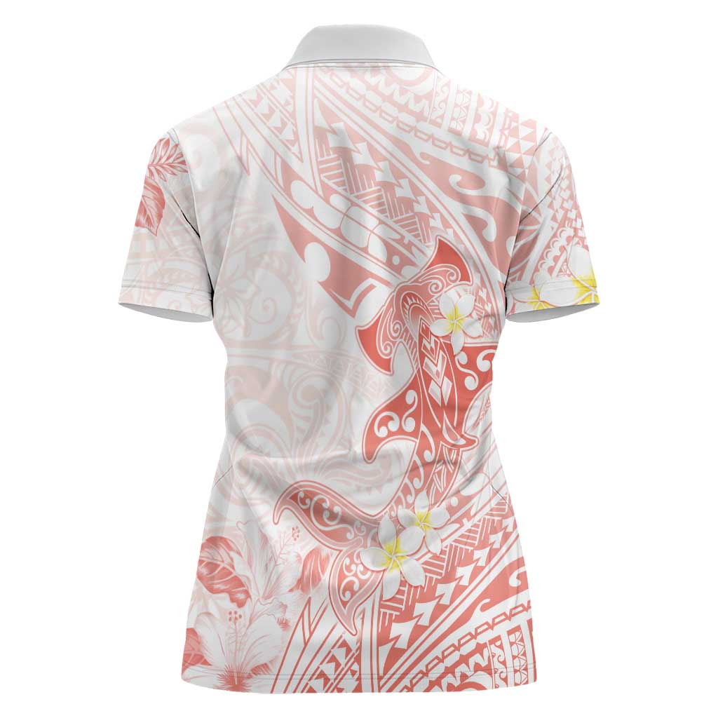 Polynesia Hammerhead Shark Women Polo Shirt Tropical Flowers Tribal Pattern Peach