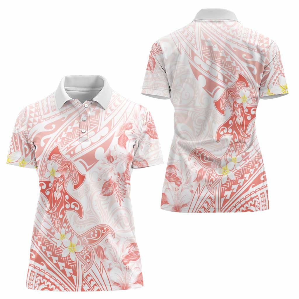 Polynesia Hammerhead Shark Women Polo Shirt Tropical Flowers Tribal Pattern Peach