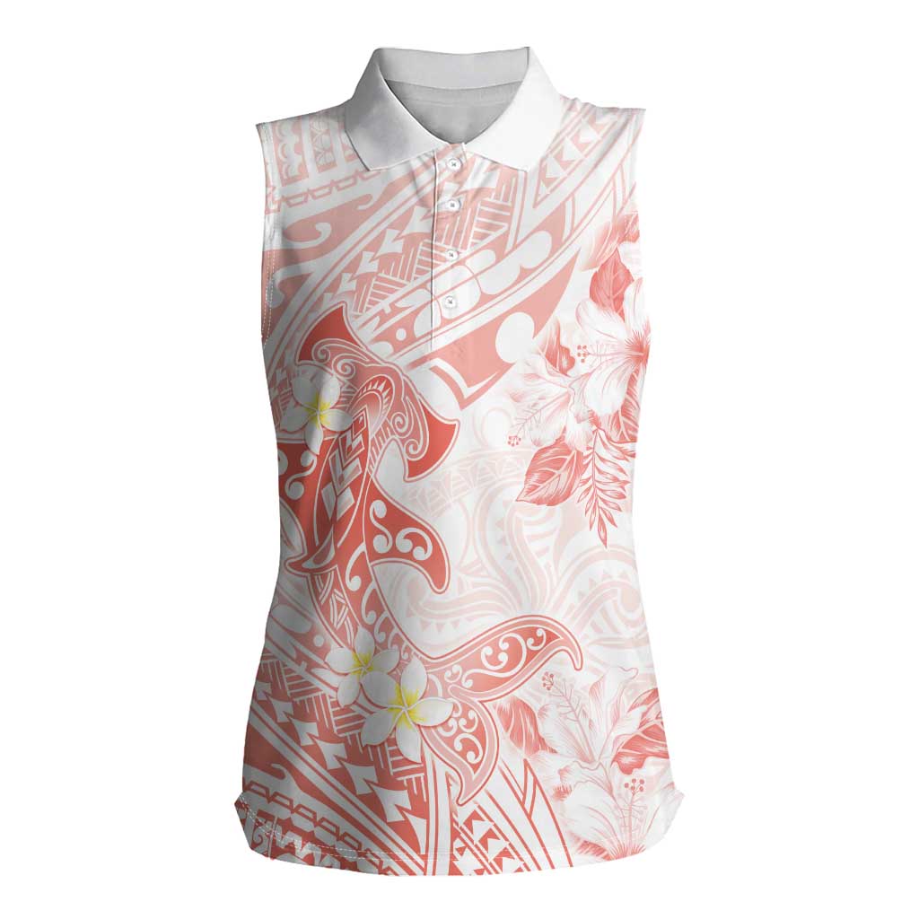 Polynesia Hammerhead Shark Women Sleeveless Polo Shirt Tropical Flowers Tribal Pattern Peach