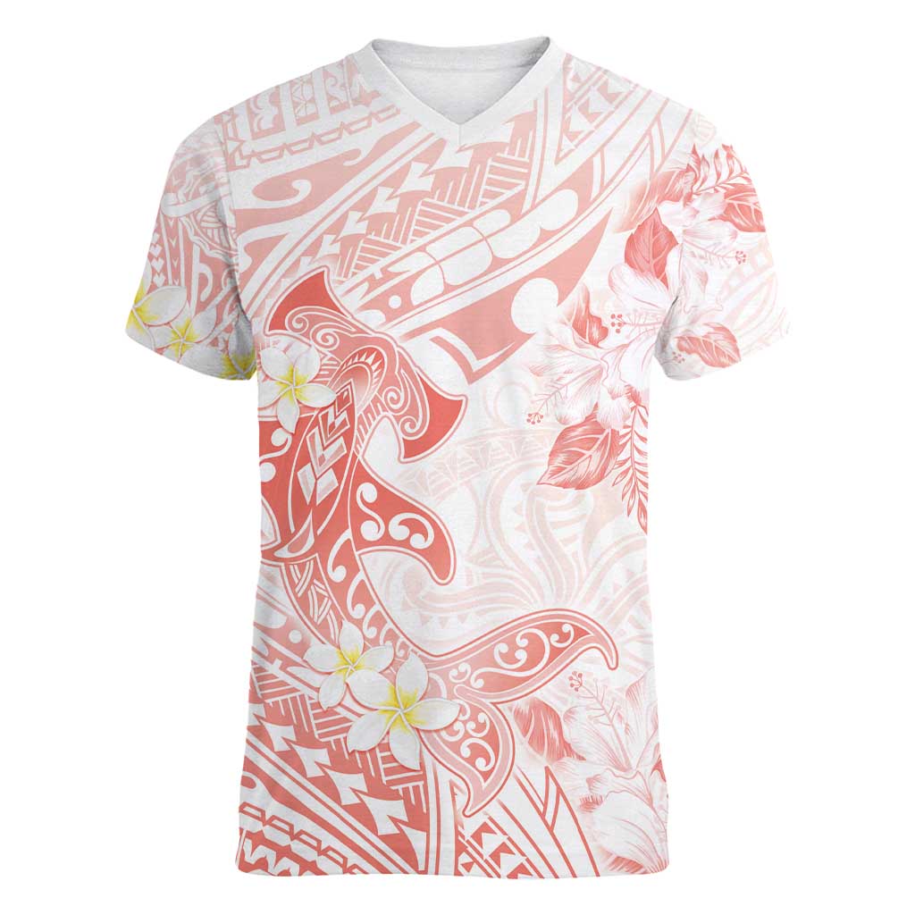 Polynesia Hammerhead Shark Women V-Neck T-Shirt Tropical Flowers Tribal Pattern Peach