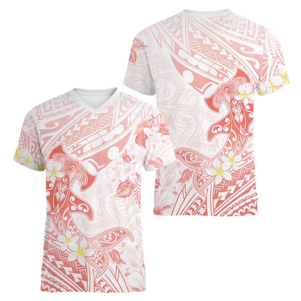 Polynesia Hammerhead Shark Women V-Neck T-Shirt Tropical Flowers Tribal Pattern Peach