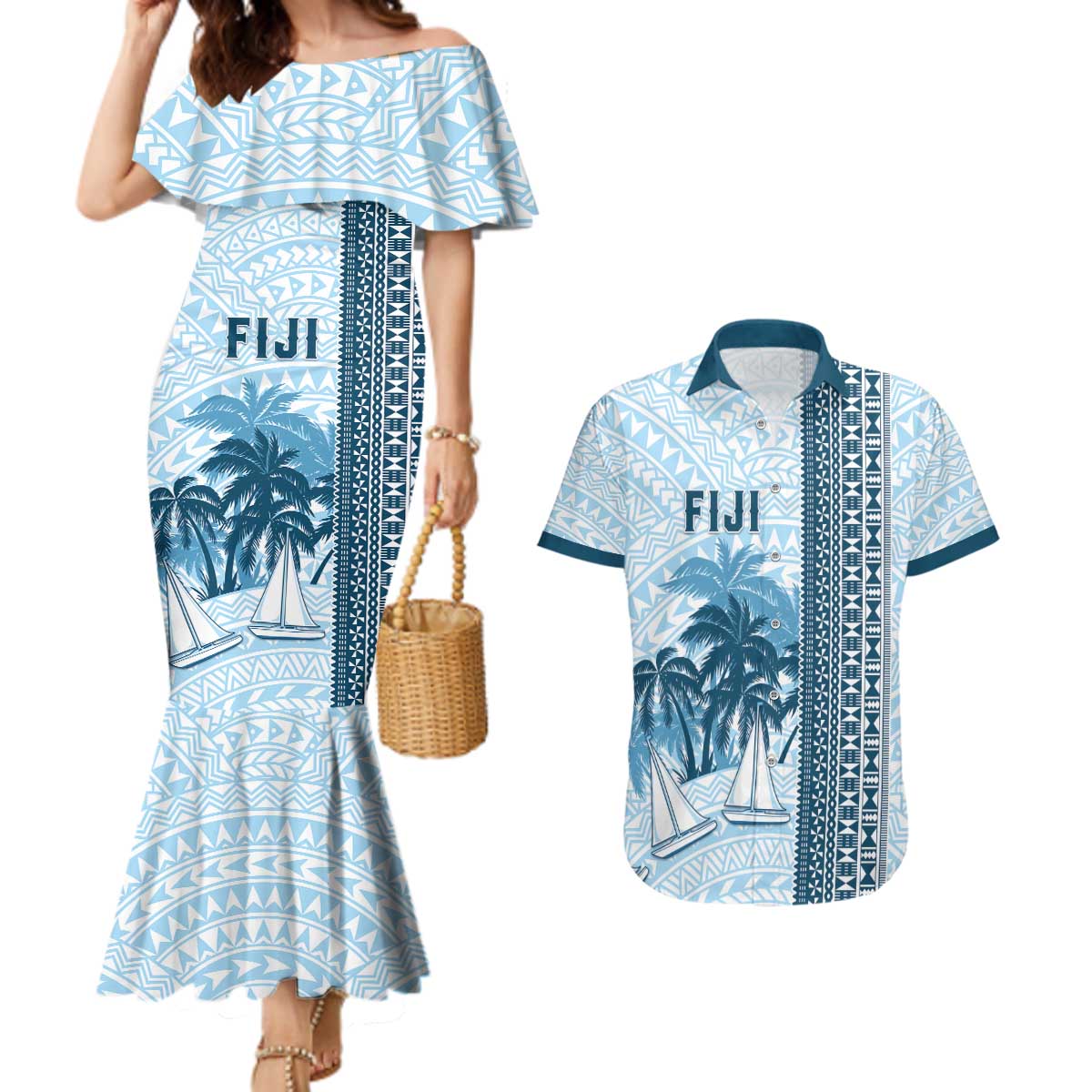 Custom Fiji Regatta Couples Matching Mermaid Dress and Hawaiian Shirt Palm Tree Tapa Pattern - Polynesian Pride