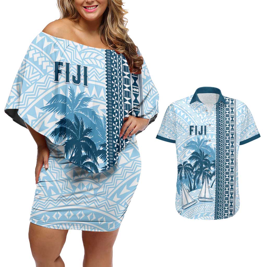 Custom Fiji Regatta Couples Matching Off Shoulder Short Dress and Hawaiian Shirt Palm Tree Tapa Pattern - Polynesian Pride