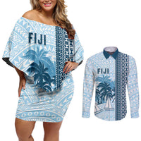 Custom Fiji Regatta Couples Matching Off Shoulder Short Dress and Long Sleeve Button Shirt Palm Tree Tapa Pattern - Polynesian Pride