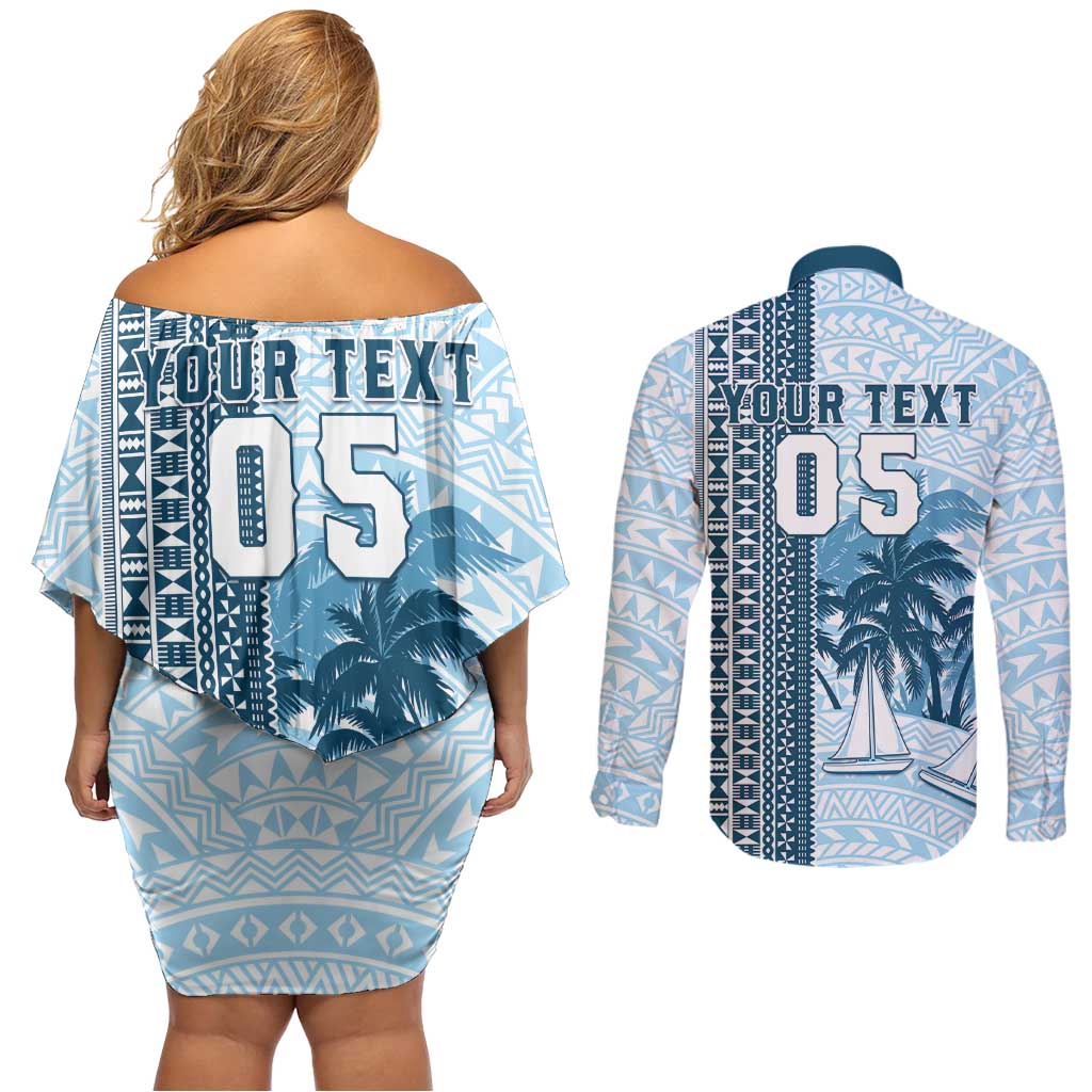Custom Fiji Regatta Couples Matching Off Shoulder Short Dress and Long Sleeve Button Shirt Palm Tree Tapa Pattern - Polynesian Pride