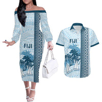 Custom Fiji Regatta Couples Matching Off The Shoulder Long Sleeve Dress and Hawaiian Shirt Palm Tree Tapa Pattern - Polynesian Pride