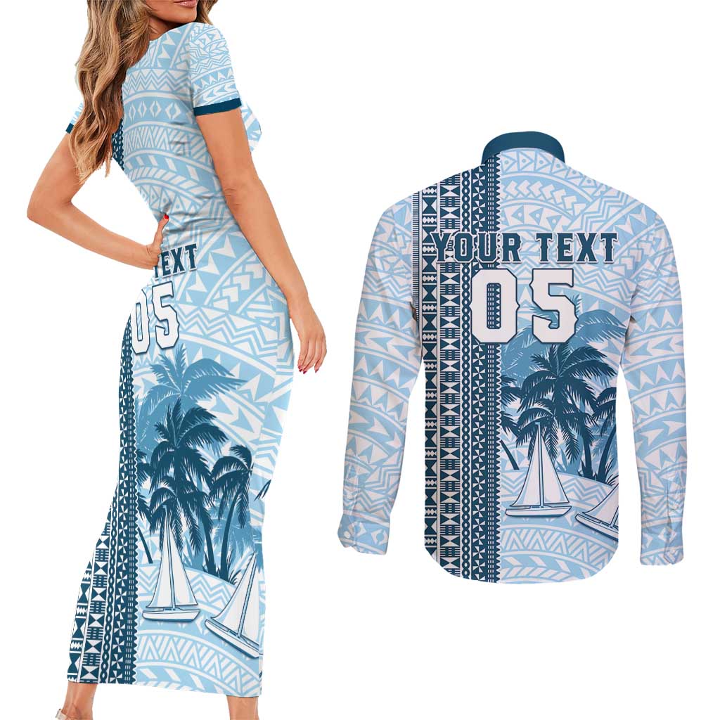 Custom Fiji Regatta Couples Matching Short Sleeve Bodycon Dress and Long Sleeve Button Shirt Palm Tree Tapa Pattern - Polynesian Pride