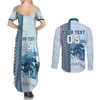 Custom Fiji Regatta Couples Matching Summer Maxi Dress and Long Sleeve Button Shirt Palm Tree Tapa Pattern - Polynesian Pride