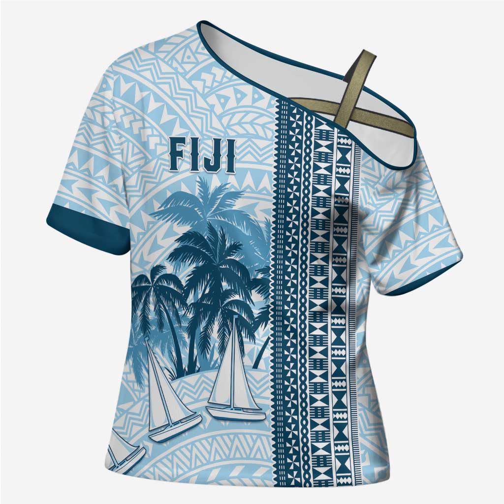 Custom Fiji Regatta Cross Shoulder Shirt Palm Tree Tapa Pattern - Polynesian Pride