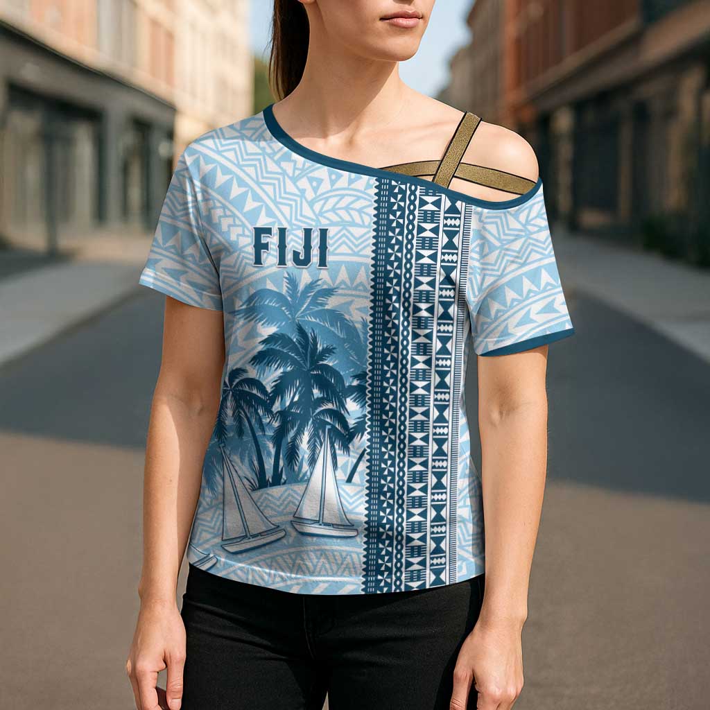 Custom Fiji Regatta Cross Shoulder Shirt Palm Tree Tapa Pattern - Polynesian Pride