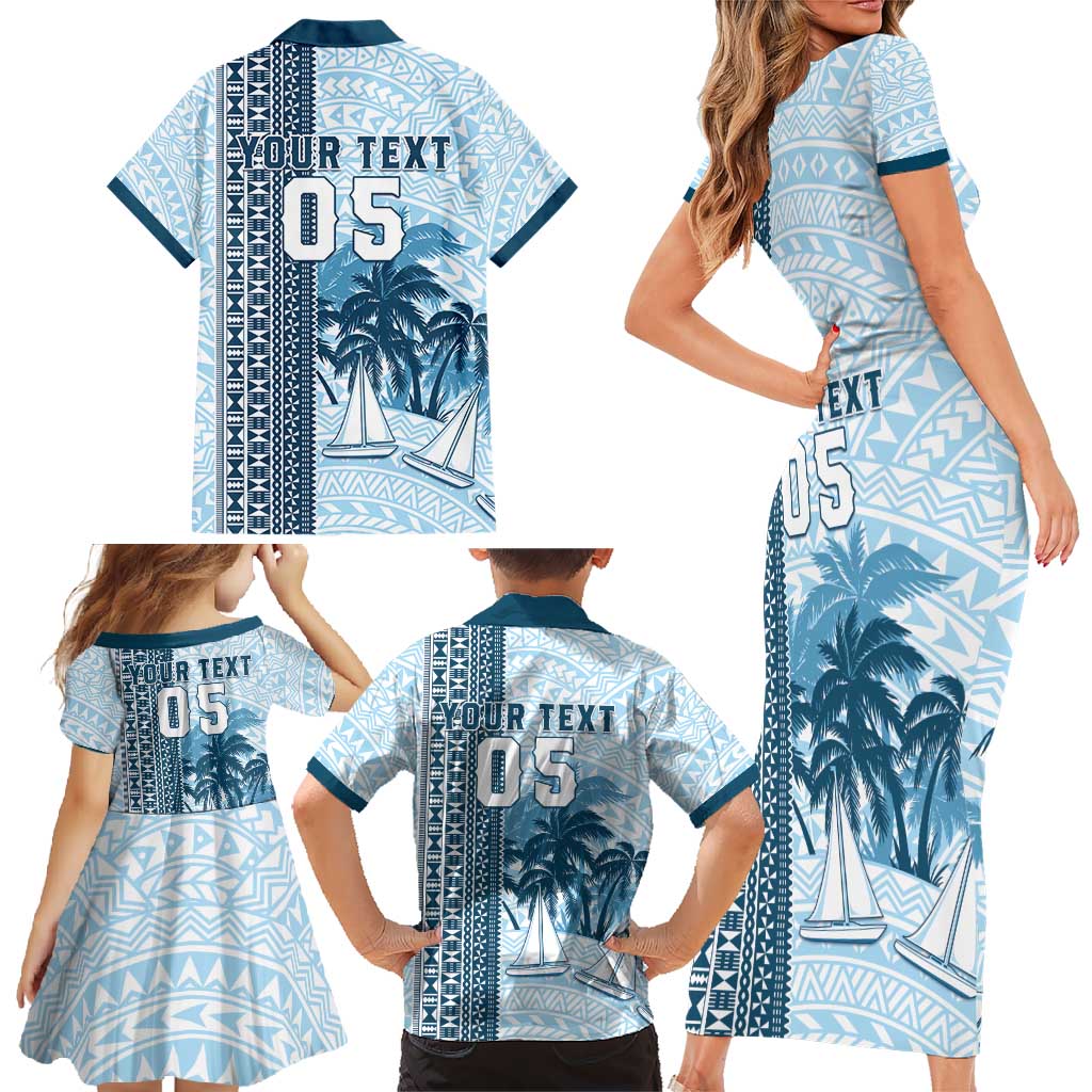 Custom Fiji Regatta Family Matching Short Sleeve Bodycon Dress and Hawaiian Shirt Palm Tree Tapa Pattern - Polynesian Pride