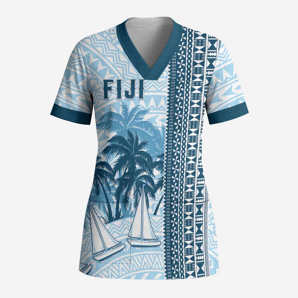 Custom Fiji Regatta Scrub Top Palm Tree Tapa Pattern - Polynesian Pride