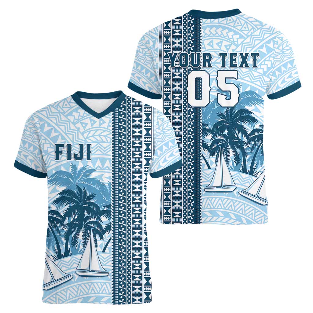 Custom Fiji Regatta Women V-Neck T-Shirt Palm Tree Tapa Pattern - Polynesian Pride