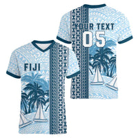 Custom Fiji Regatta Women V-Neck T-Shirt Palm Tree Tapa Pattern - Polynesian Pride