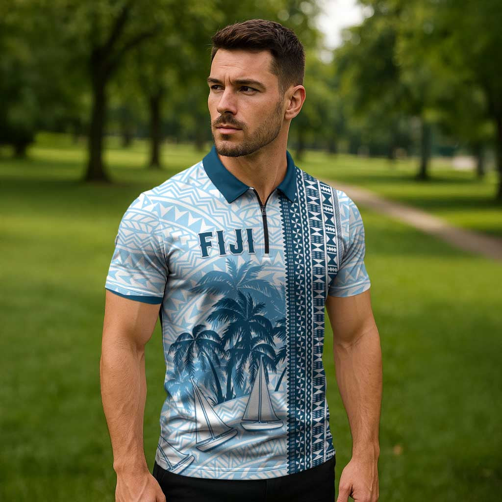 Custom Fiji Regatta Zipper Polo Shirt Palm Tree Tapa Pattern - Polynesian Pride