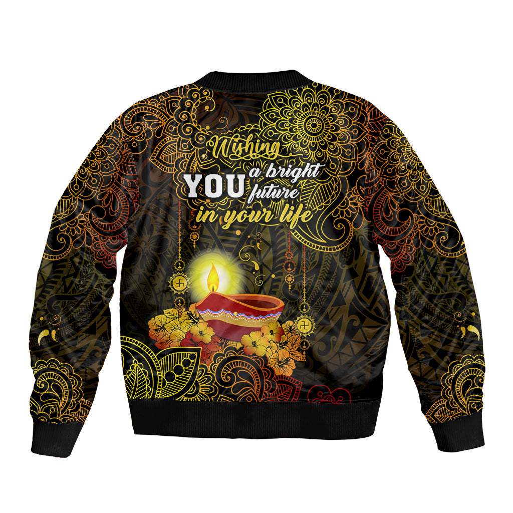 Happy Diwali Festival Bomber Jacket Diya Lamp Hibiscus Polynesian Pattern LT05 - Polynesian Pride