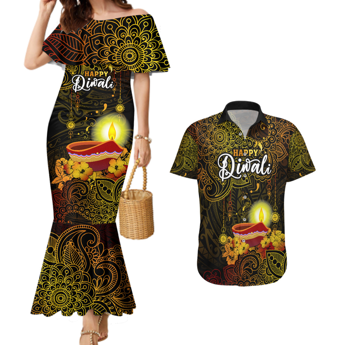 happy-diwali-festival-couples-matching-mermaid-dress-and-hawaiian-shirt-diya-lamp-hibiscus-polynesian-pattern