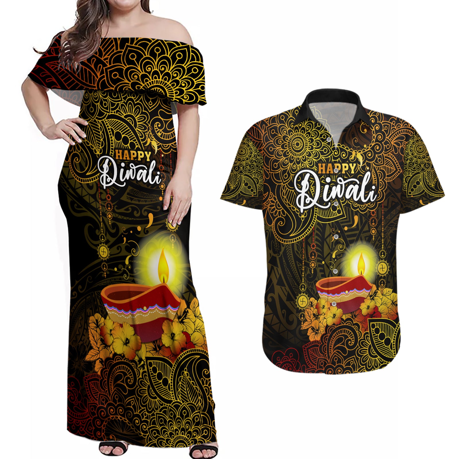 happy-diwali-festival-couples-matching-off-shoulder-maxi-dress-and-hawaiian-shirt-diya-lamp-hibiscus-polynesian-pattern