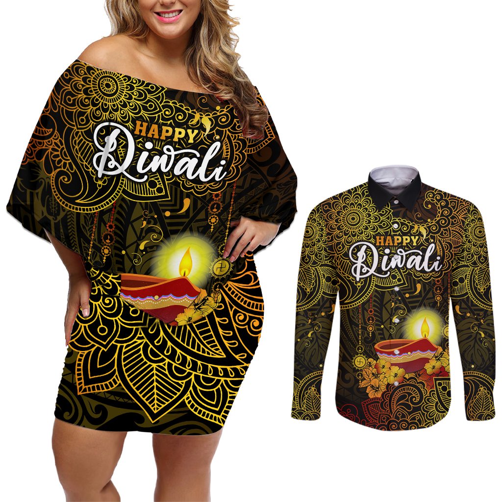 happy-diwali-festival-couples-matching-off-shoulder-short-dress-and-long-sleeve-button-shirts-diya-lamp-hibiscus-polynesian-pattern