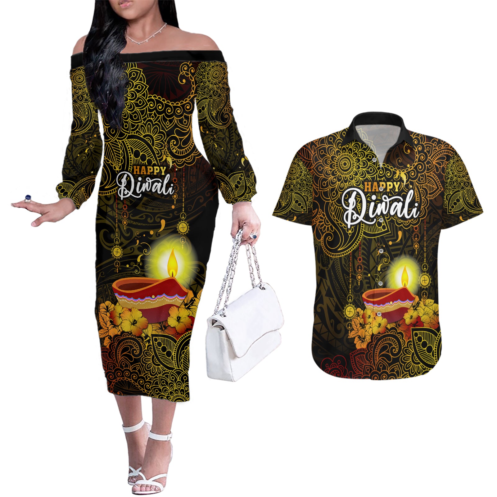 happy-diwali-festival-couples-matching-off-the-shoulder-long-sleeve-dress-and-hawaiian-shirt-diya-lamp-hibiscus-polynesian-pattern