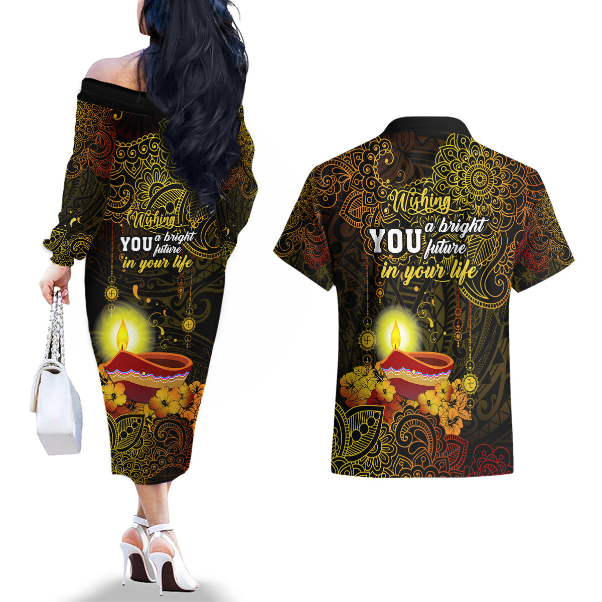 happy-diwali-festival-couples-matching-off-the-shoulder-long-sleeve-dress-and-hawaiian-shirt-diya-lamp-hibiscus-polynesian-pattern