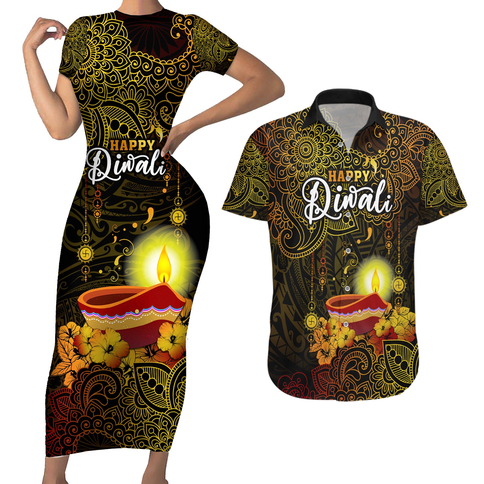 Happy Diwali Festival Couples Matching Short Sleeve Bodycon Dress and Hawaiian Shirt Diya Lamp Hibiscus Polynesian Pattern LT05 Yellow - Polynesian Pride