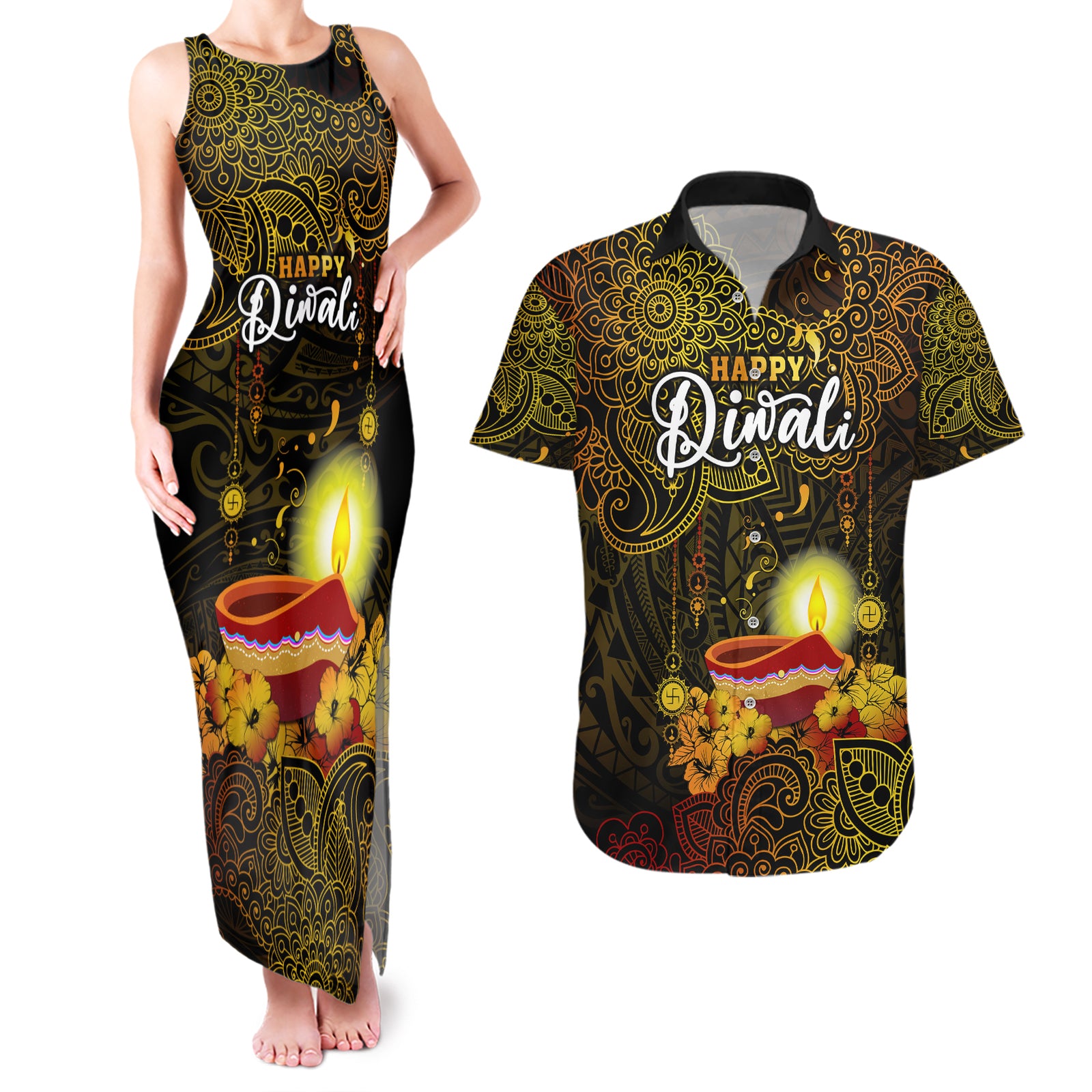 Happy Diwali Festival Couples Matching Tank Maxi Dress and Hawaiian Shirt Diya Lamp Hibiscus Polynesian Pattern LT05 Yellow - Polynesian Pride