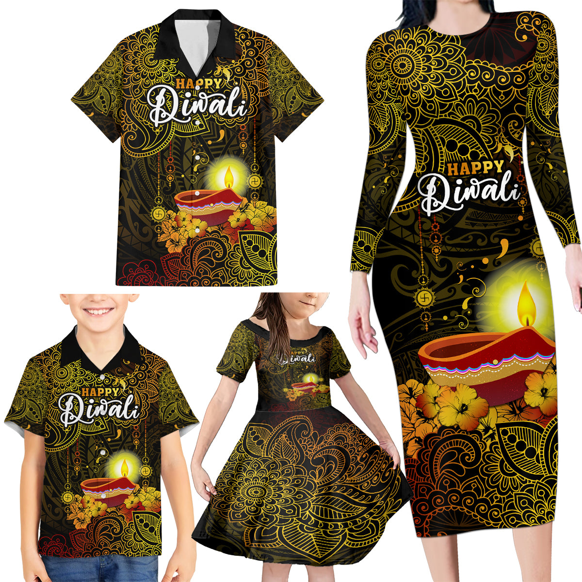 happy-diwali-festival-family-matching-long-sleeve-bodycon-dress-and-hawaiian-shirt-diya-lamp-hibiscus-polynesian-pattern