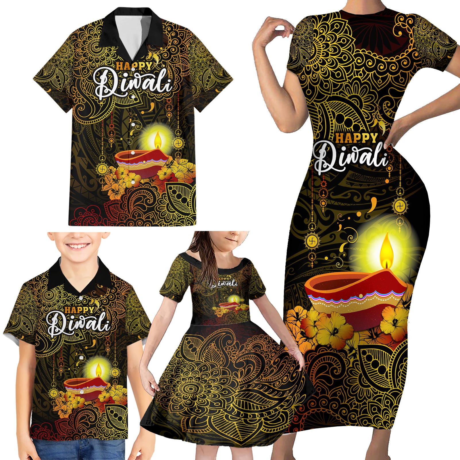 happy-diwali-festival-family-matching-short-sleeve-bodycon-dress-and-hawaiian-shirt-diya-lamp-hibiscus-polynesian-pattern