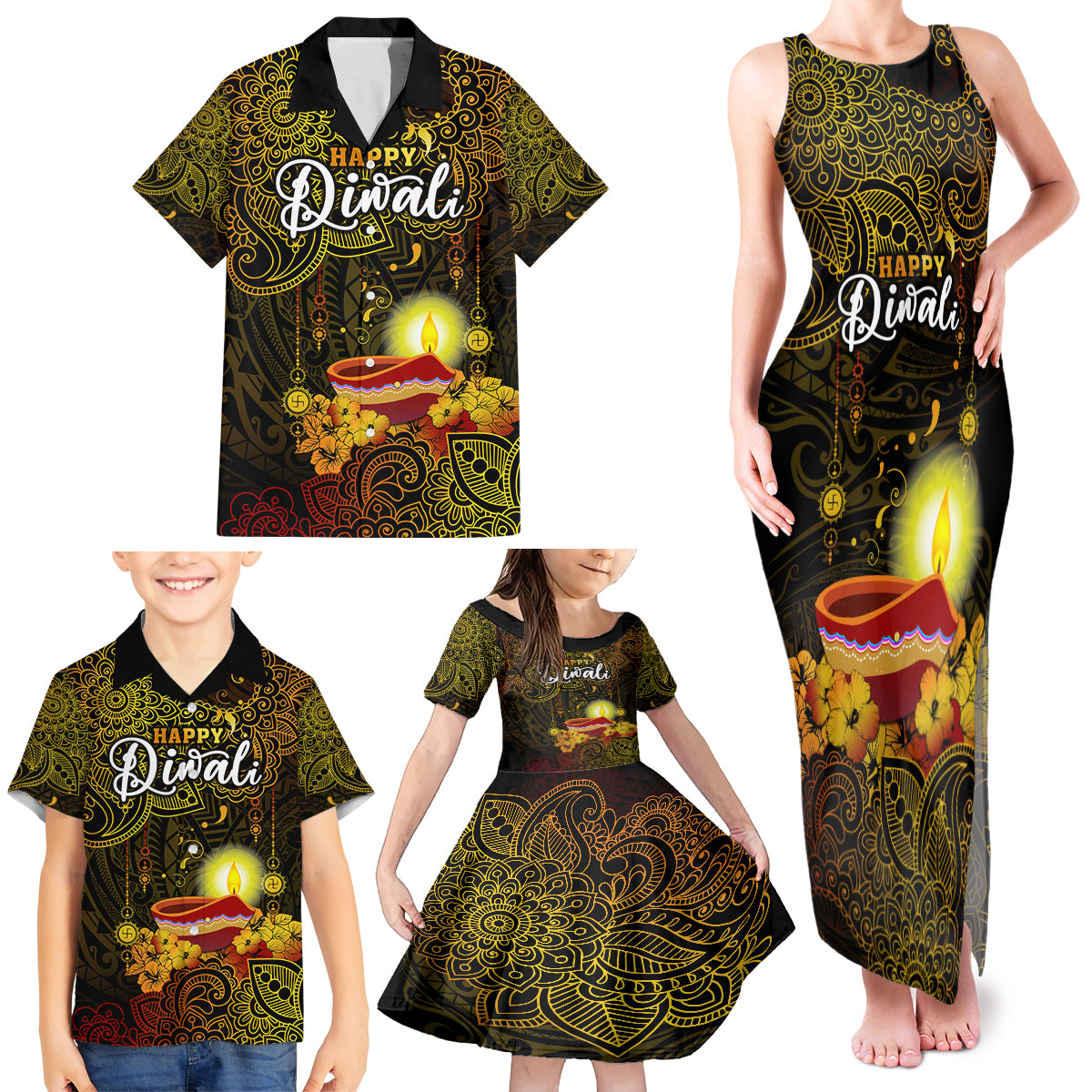 happy-diwali-festival-family-matching-tank-maxi-dress-and-hawaiian-shirt-diya-lamp-hibiscus-polynesian-pattern