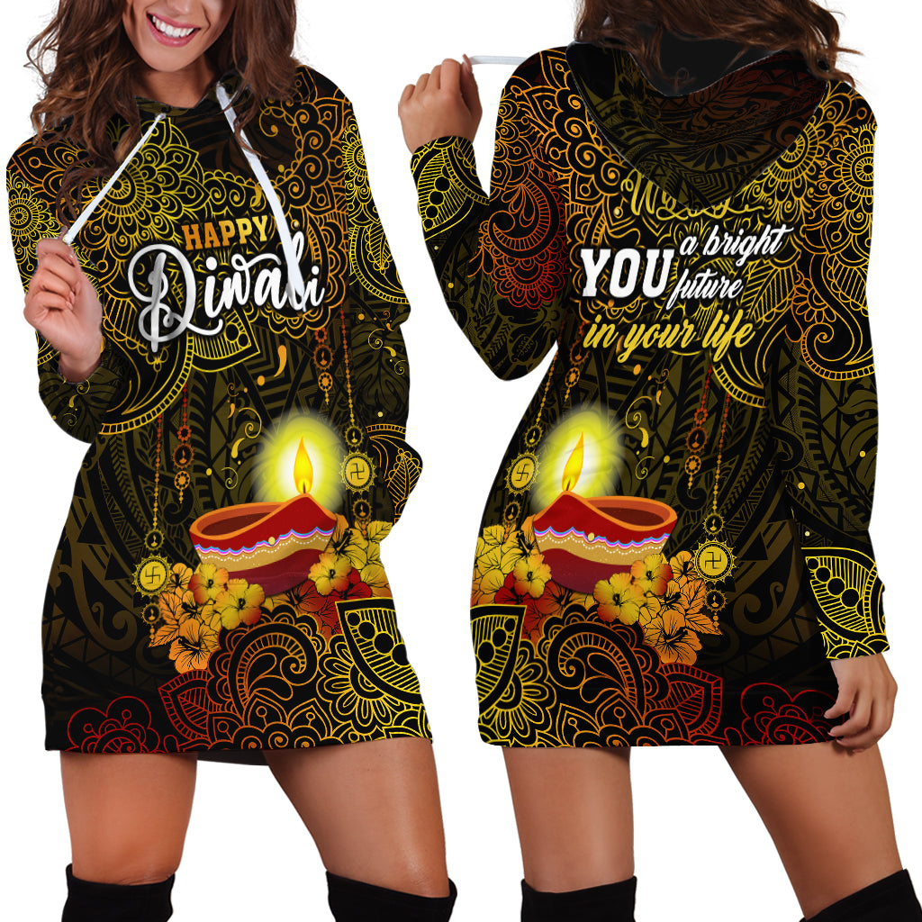 Happy Diwali Festival Hoodie Dress Diya Lamp Hibiscus Polynesian Pattern LT05 - Polynesian Pride
