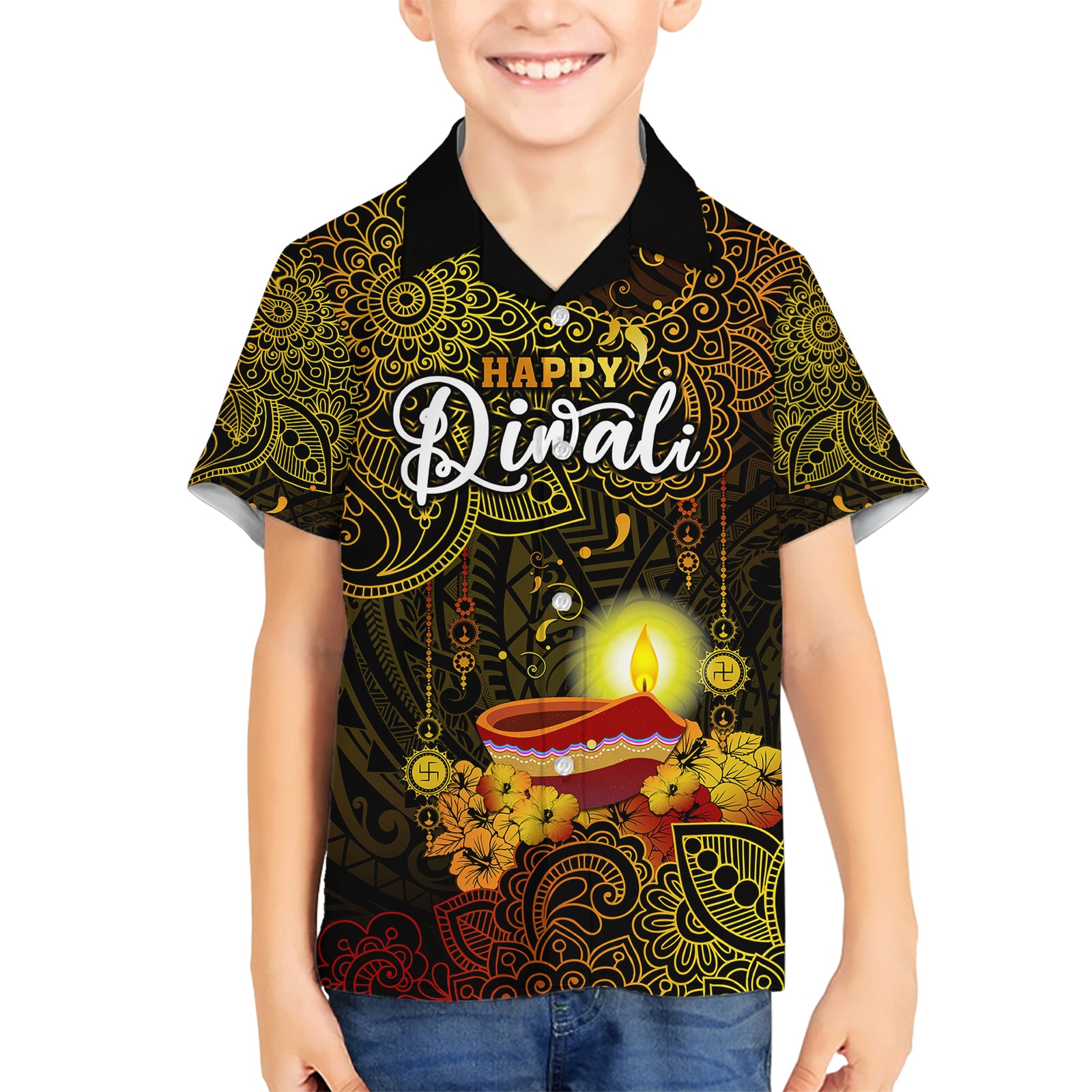 Happy Diwali Festival Kid Hawaiian Shirt Diya Lamp Hibiscus Polynesian Pattern LT05 Kid Yellow - Polynesian Pride