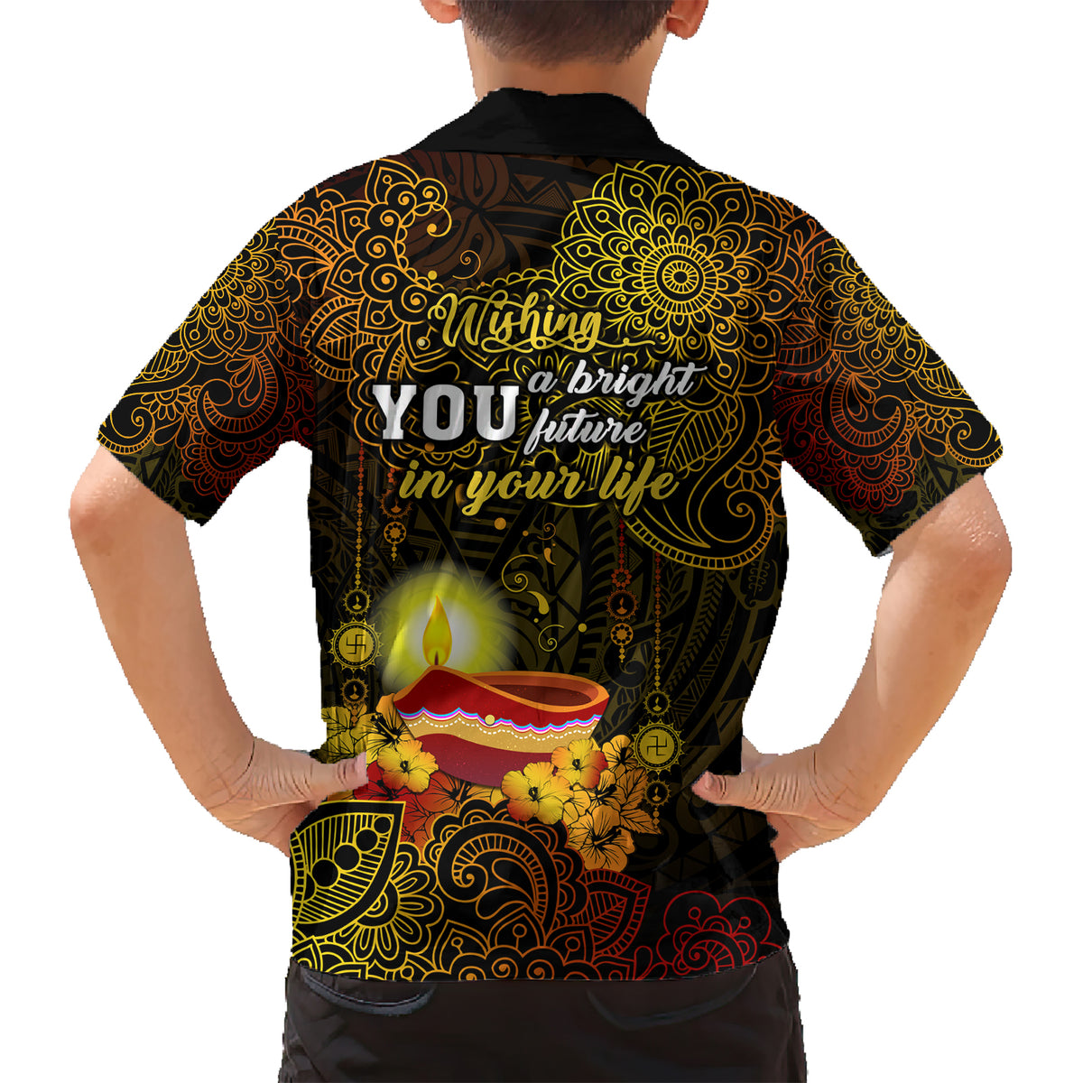 Happy Diwali Festival Kid Hawaiian Shirt Diya Lamp Hibiscus Polynesian Pattern LT05 - Polynesian Pride
