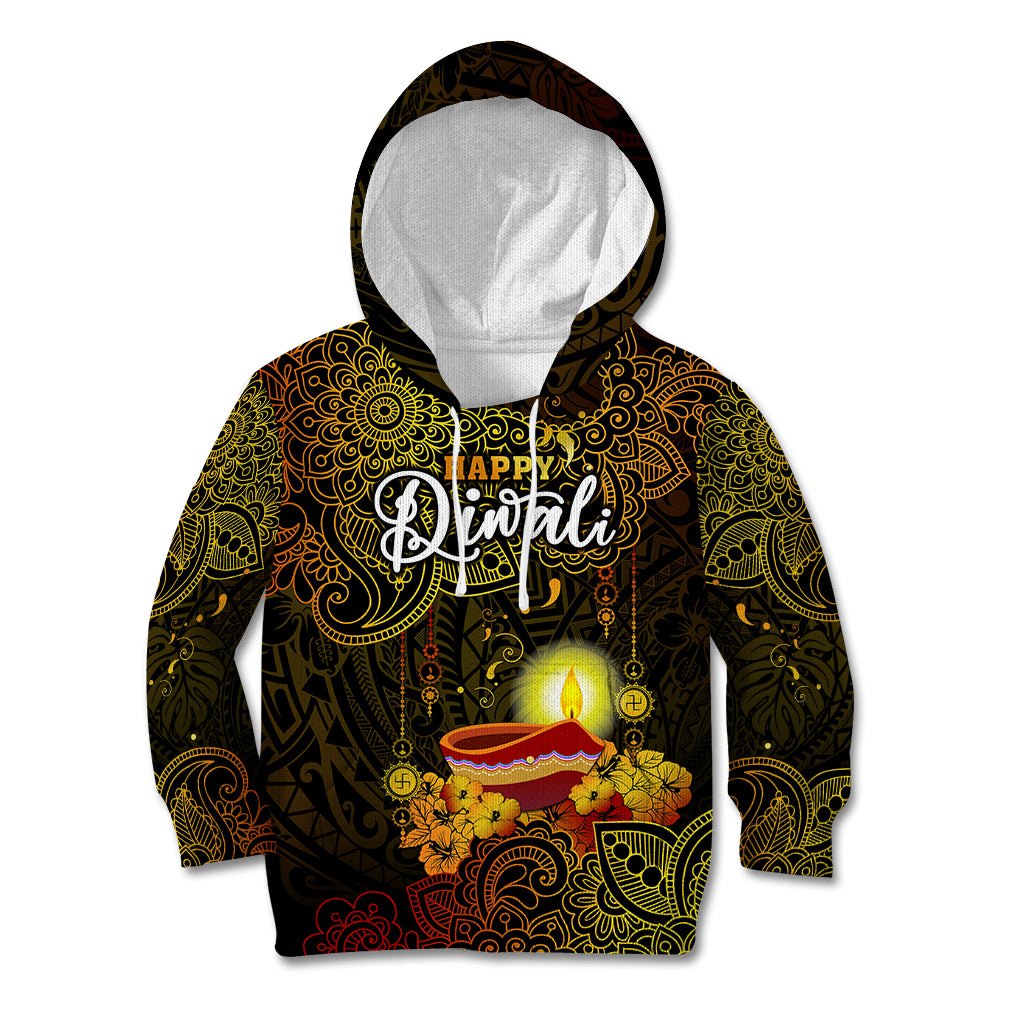 Happy Diwali Festival Kid Hoodie Diya Lamp Hibiscus Polynesian Pattern LT05 Yellow - Polynesian Pride