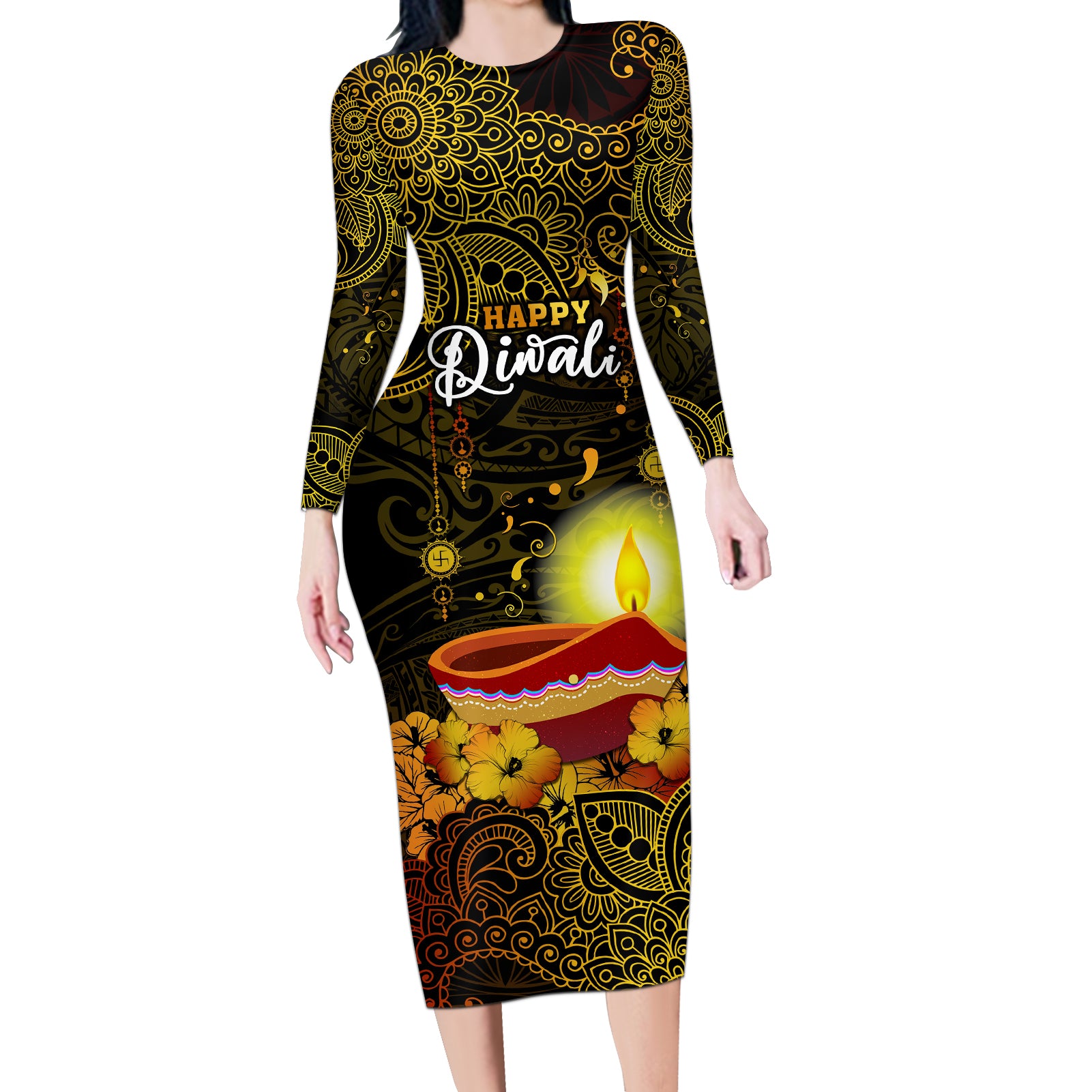 happy-diwali-festival-long-sleeve-bodycon-dress-diya-lamp-hibiscus-polynesian-pattern