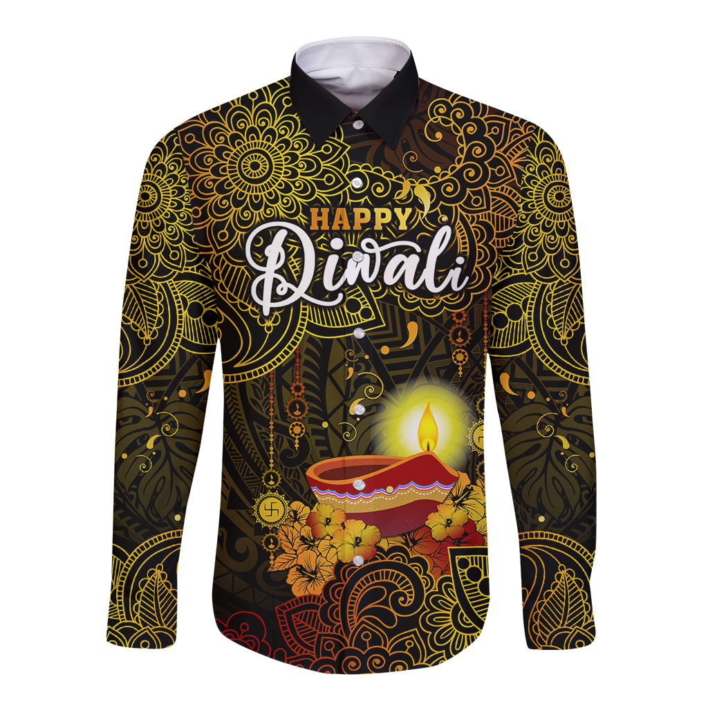 happy-diwali-festival-long-sleeve-button-shirt-diya-lamp-hibiscus-polynesian-pattern