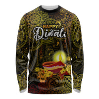 Happy Diwali Festival Long Sleeve Shirt Diya Lamp Hibiscus Polynesian Pattern LT05 Unisex Yellow - Polynesian Pride