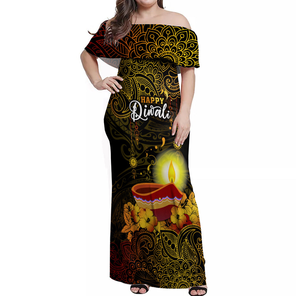Happy Diwali Festival Off Shoulder Maxi Dress Diya Lamp Hibiscus Polynesian Pattern LT05 Women Yellow - Polynesian Pride