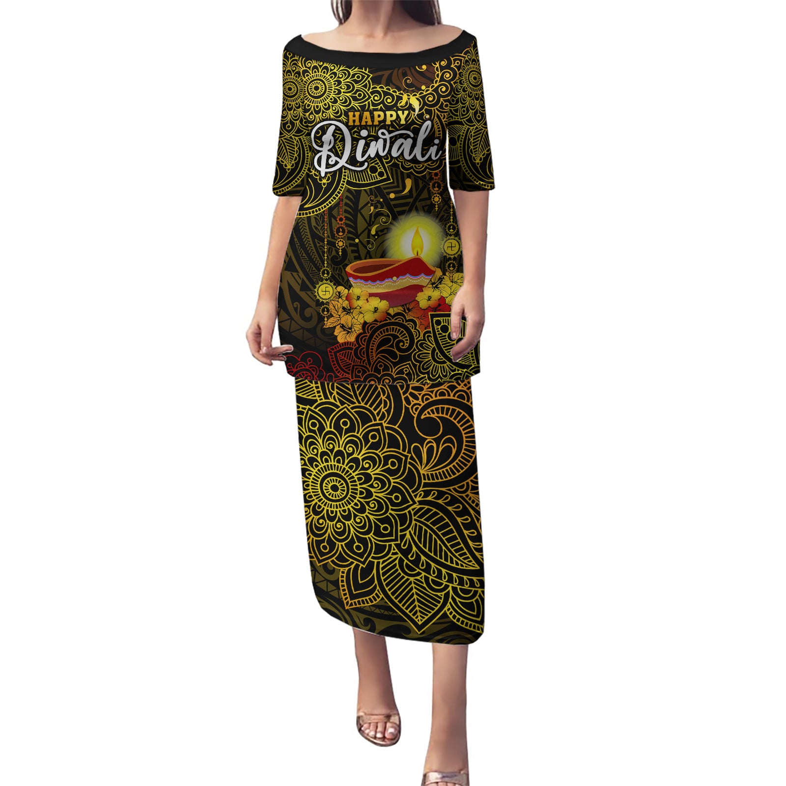 Happy Diwali Festival Puletasi Diya Lamp Hibiscus Polynesian Pattern LT05 Long Dress Yellow - Polynesian Pride