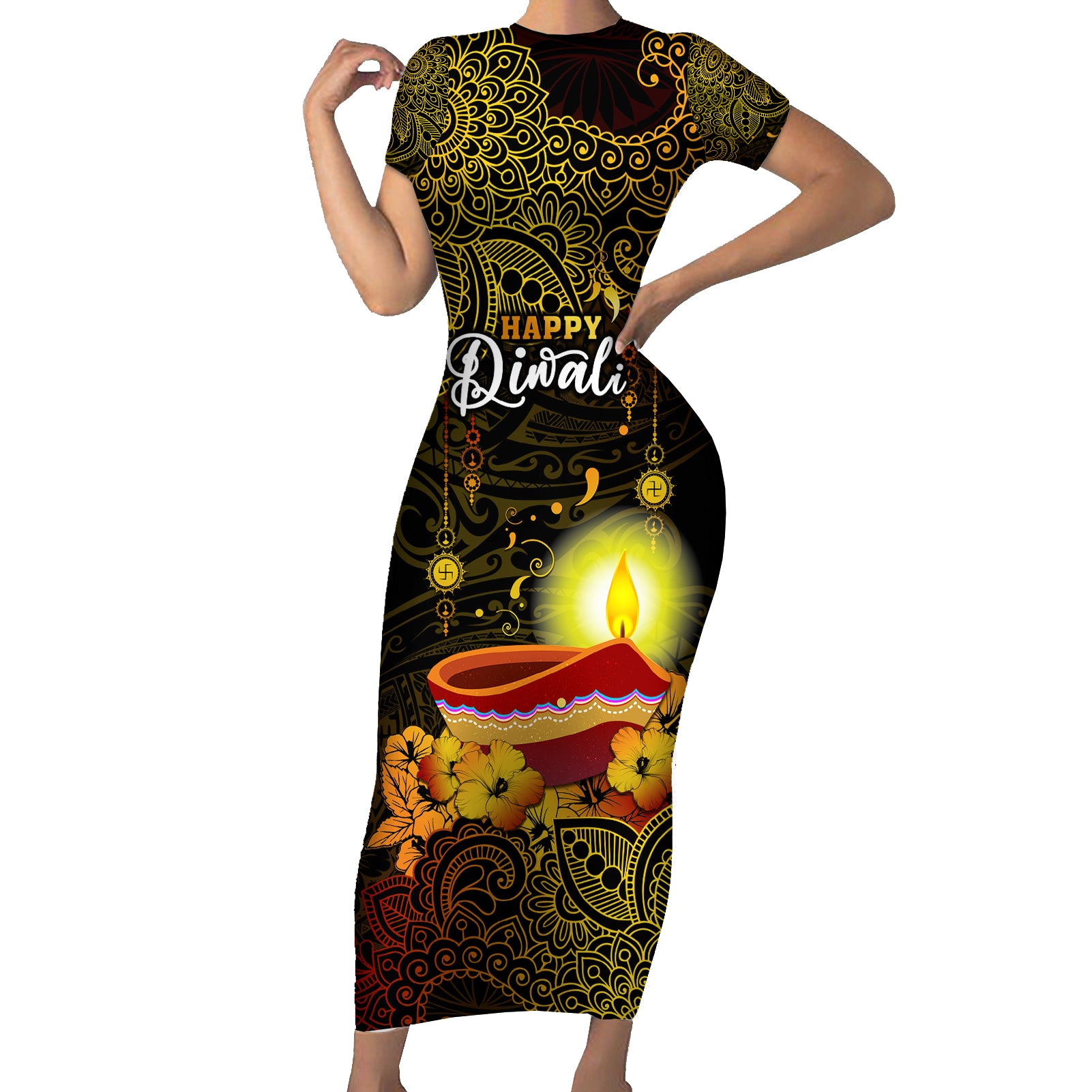 happy-diwali-festival-short-sleeve-bodycon-dress-diya-lamp-hibiscus-polynesian-pattern