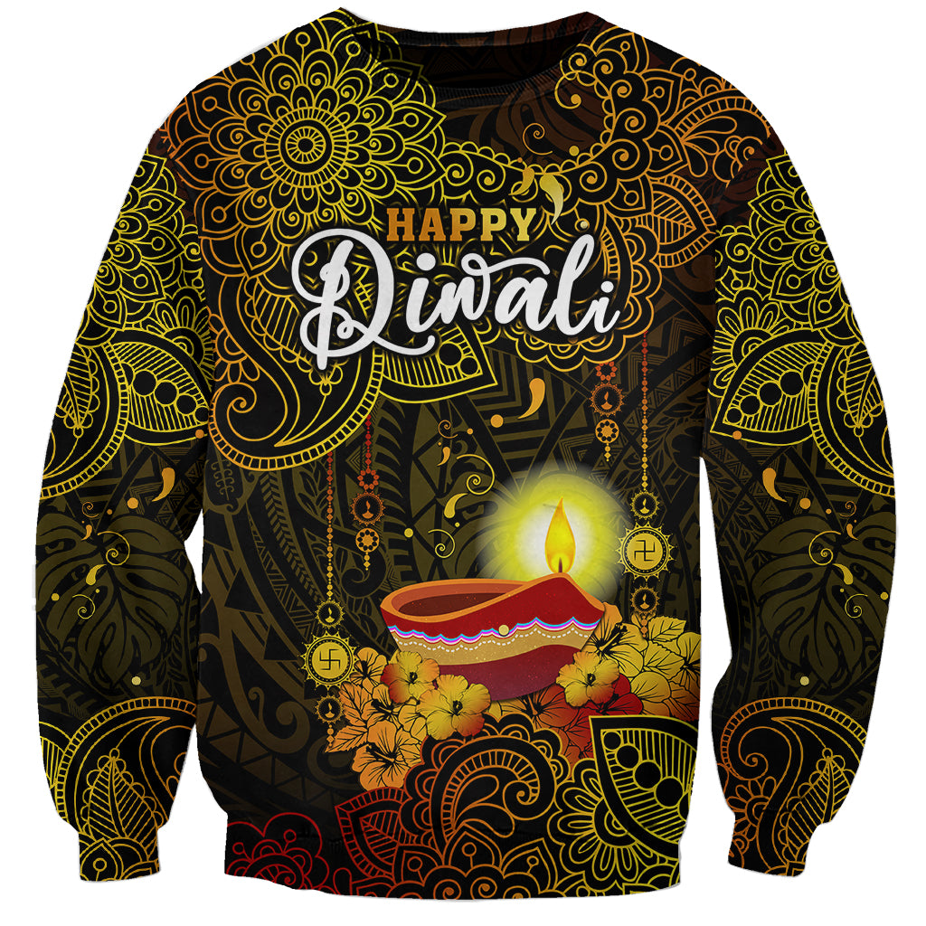 Happy Diwali Festival Sweatshirt Diya Lamp Hibiscus Polynesian Pattern LT05 Unisex Yellow - Polynesian Pride
