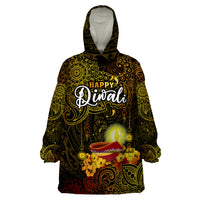 Happy Diwali Festival Wearable Blanket Hoodie Diya Lamp Hibiscus Polynesian Pattern LT05 One Size Yellow - Polynesian Pride