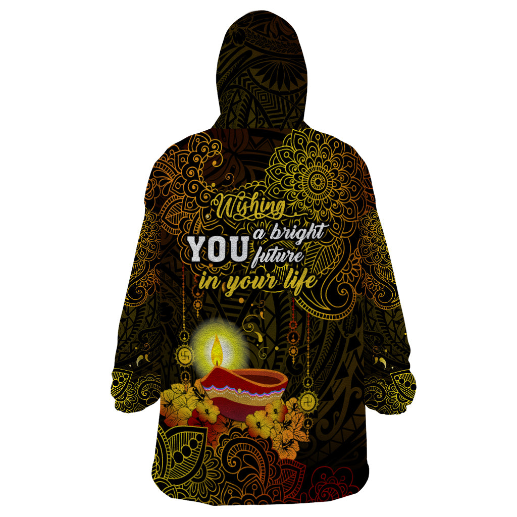 Happy Diwali Festival Wearable Blanket Hoodie Diya Lamp Hibiscus Polynesian Pattern LT05 - Polynesian Pride