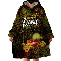 Happy Diwali Festival Wearable Blanket Hoodie Diya Lamp Hibiscus Polynesian Pattern LT05 - Polynesian Pride