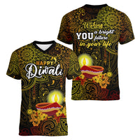 happy-diwali-festival-women-v-neck-t-shirt-diya-lamp-hibiscus-polynesian-pattern