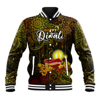 Personalized Happy Diwali Festival Baseball Jacket Diya Lamp Hibiscus Polynesian Pattern LT05 Unisex Yellow - Polynesian Pride
