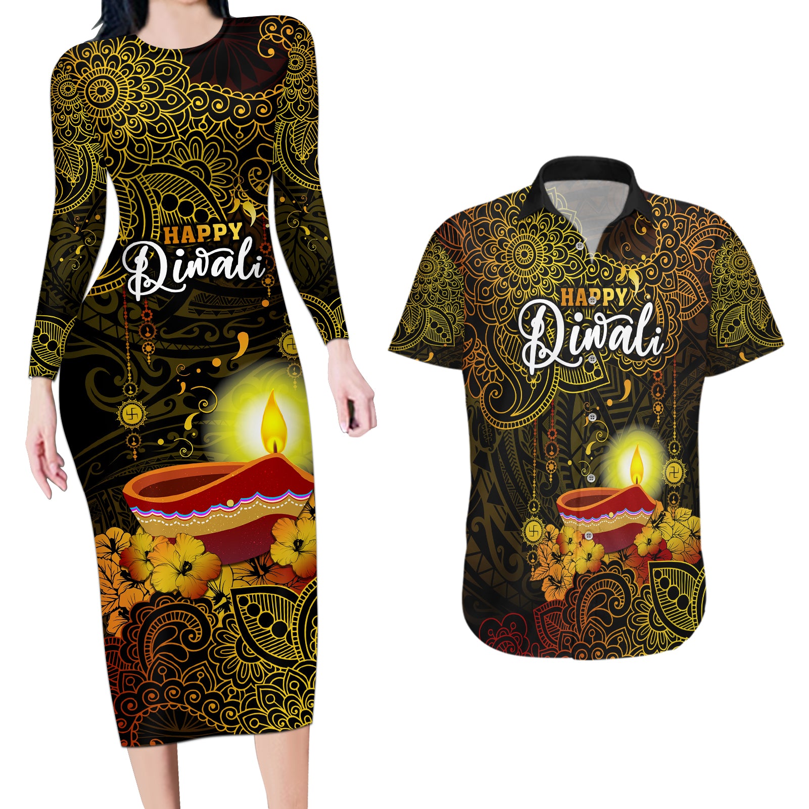 personalized-happy-diwali-festival-couples-matching-long-sleeve-bodycon-dress-and-hawaiian-shirt-diya-lamp-hibiscus-polynesian-pattern