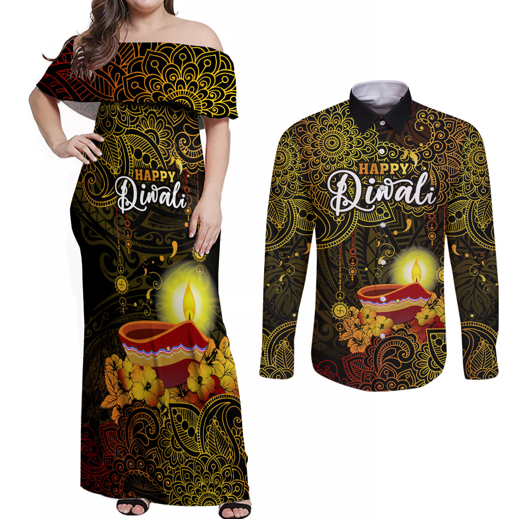 personalized-happy-diwali-festival-couples-matching-off-shoulder-maxi-dress-and-long-sleeve-button-shirts-diya-lamp-hibiscus-polynesian-pattern